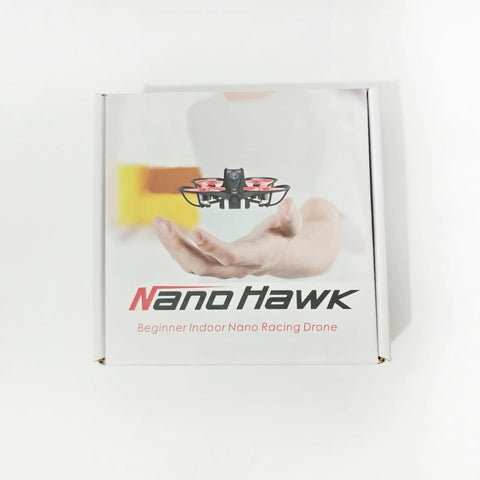 Packaging box of Nano Hawk FPV 65mm Tiny Indoor Outdoor Micro Whoop Drone For Beginners with drone graphic and hand.