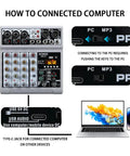 Connections of Five Channel USB Bluetooth Audio Mixer With Dope Echo Delay Effects And 48V Phantom Power, Stereo DJ Mixing Console