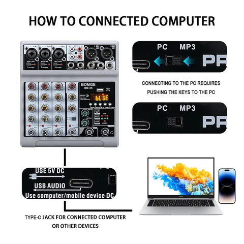 Connections of Five Channel USB Bluetooth Audio Mixer With Dope Echo Delay Effects And 48V Phantom Power, Stereo DJ Mixing Console