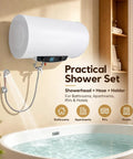Heavy Duty Wall Mounted Electric Water Heater With 18.5 Gallon Tank And 1500 Watt Fast Heat Coil, wall-mounted with showerhead and hose.