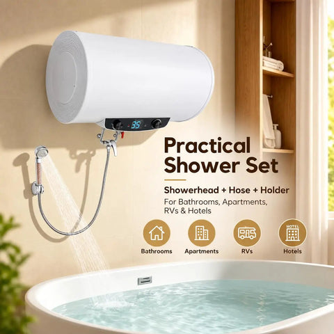 Heavy Duty Wall Mounted Electric Water Heater With 18.5 Gallon Tank And 1500 Watt Fast Heat Coil, wall-mounted with showerhead and hose.