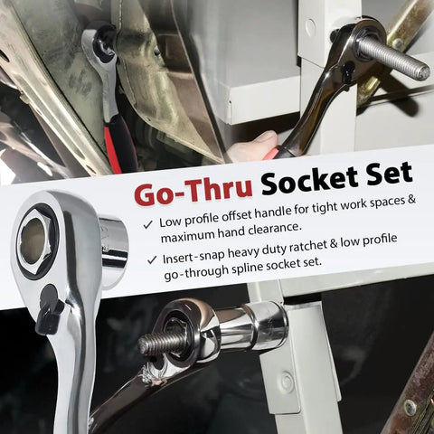 Low Profile Pass-Through Socket Wrench Set With 52 Spline Sockets, SAE and Metric, shown with go-through ratchet in use.