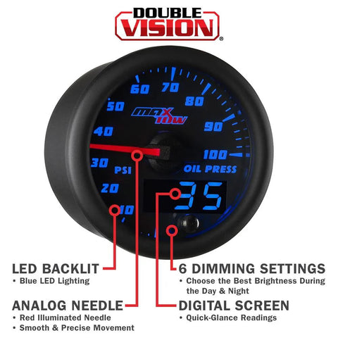 MaxTow Double Vision 100 PSI oil pressure gauge kit with blue LED backlight, 2-1/16 in 52 mm, analog & digital readouts.