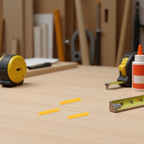 Three yellow self-drilling ribbed wall plugs on a workbench with tools, part of 200 Pack Yellow Self Drilling Ribbed Wall Plugs Set for Drywall and Hollow Walls, Heavy Duty Plastic Expansion Anchors With High Impact Resistance, DIY Friendly Easy Install for Cabinets, Mirrors, Shelves, and More.