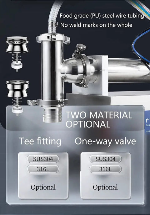 No Fuss Heavy Duty Pneumatic Bottle Filler Machine Horizontal Piston Design showing SUS304 fittings and food grade tubing.
