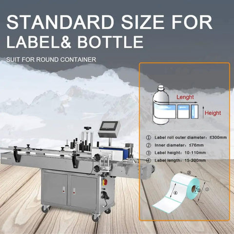 Smooth Operator Automatic Round Bottle Labeler With Date Coder And Smart Panel For Cans And Wine Packaging 110V System shown with dimensions for round containers.