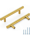 Brushed Brass Cabinet Handles With 3-3/4 Inch Hole Spacing, Stainless Steel Drawer Pulls With screws, 5 Pack.
