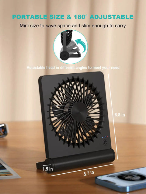 Ultra Quiet 6.8 Inch Desk Fan With Battery And USB Power 3 Speed Portable Travel Fan featuring 180° adjustable tilt on a desk