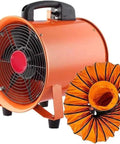 Badass Portable Fume Extractor With 220V High Velocity Industrial Blower For Garages And Workshops Plus Flexible PVC Duct visible with orange housing and duct.