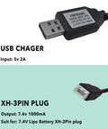 Two Pack USB Charging Cable With XH-3P Connector For SCX24 RC Car And 2S 7.4V LiPo Battery, USB charger with 5V 2A input and XH-3P plug