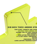 Close-up of AR500 Steel Target For Shooting IDPA IPSC Torso Silhouette Beast Mode 7 X 12 X 3/8 Inch Neon Powder Coat showing thickness.