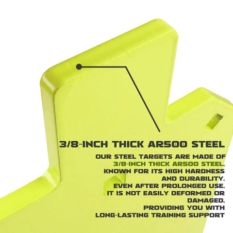 Close-up of AR500 Steel Target For Shooting IDPA IPSC Torso Silhouette Beast Mode 7 X 12 X 3/8 Inch Neon Powder Coat showing thickness.