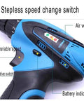 Built Tough Heavy Duty Cordless Lithium Hammer Drill And Impact Driver Set With Smooth Variable Speed Control, showing speed switch and battery indicator.