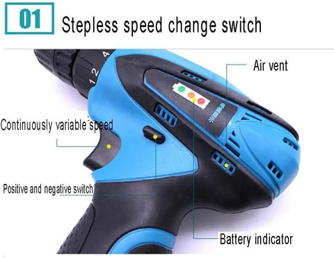Built Tough Heavy Duty Cordless Lithium Hammer Drill And Impact Driver Set With Smooth Variable Speed Control, showing speed switch and battery indicator.