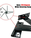 Heavy Duty T Strap Shed Hinge for Doors Barn Gates and Fences Indoor Outdoor Use, 270° rotation feature, black finish, close-up view.