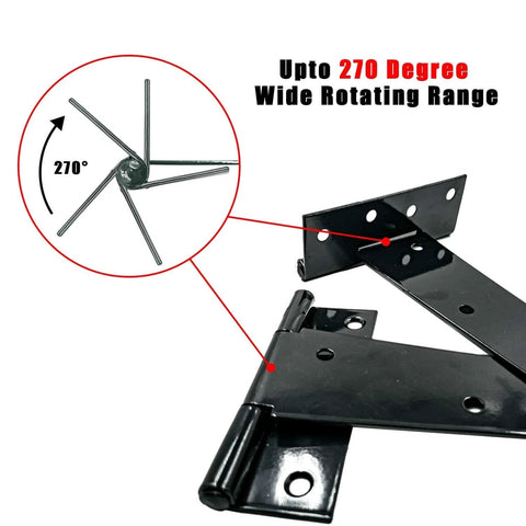 Heavy Duty T Strap Shed Hinge for Doors Barn Gates and Fences Indoor Outdoor Use, 270° rotation feature, black finish, close-up view.