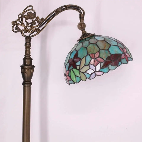 Tiffany Style Floor Lamp With Dope Stained Glass Shade In Red And Green Floral Arched Gooseneck Reading Light Bronze Base