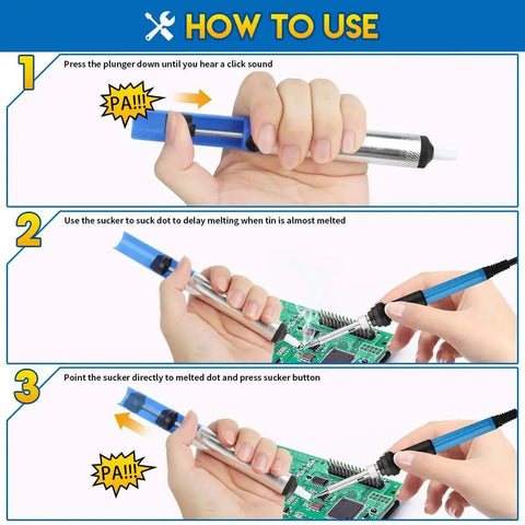 Step-by-step guide using Desoldering Vacuum Pump Solder Sucker Kit 3 Pack with one-handed operation on a circuit board