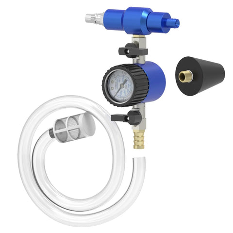MR CARTOOL coolant vacuum refill tool kit with radiator pressure gauge, blue body, clear hose and 3 adapters
