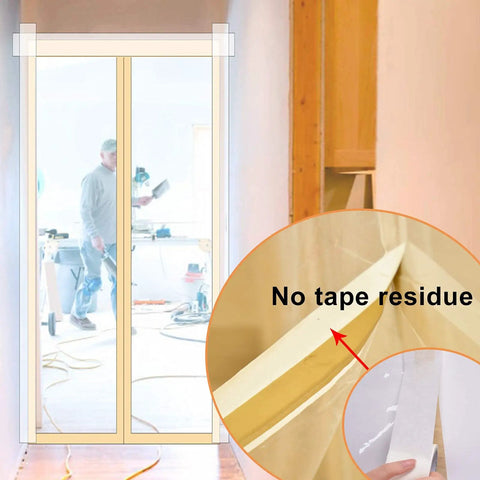 Dust Barrier Zip Door For Renovations, Heavy Duty Plastic Door Cover With Zipper To Contain Dust In Kitchen Bathroom Hallway During Remodel, Fits Standard Doorway 4 Foot By 7.5 Foot, Quick Install, Mess Free shown in hallway with close-up insert of tape adhesion.