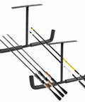 Heavy Duty Ceiling Garage Hooks For Overhead Storage And Wall Mounted Utility Hanger For Wood Tools Bikes Fishing Rods And More Durable Square Tubular Steel With Powder Coat Rust Resistant display fishing rods on black hooks.