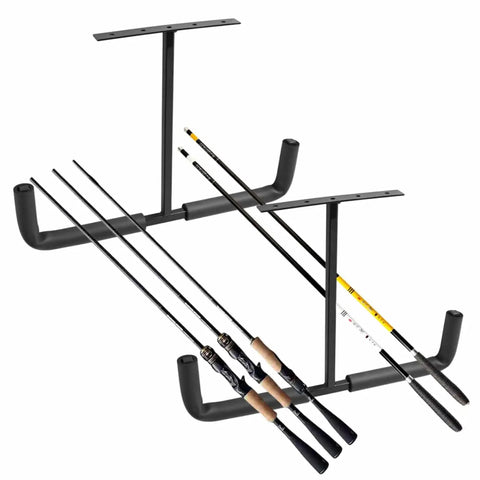 Heavy Duty Ceiling Garage Hooks For Overhead Storage And Wall Mounted Utility Hanger For Wood Tools Bikes Fishing Rods And More Durable Square Tubular Steel With Powder Coat Rust Resistant display fishing rods on black hooks.