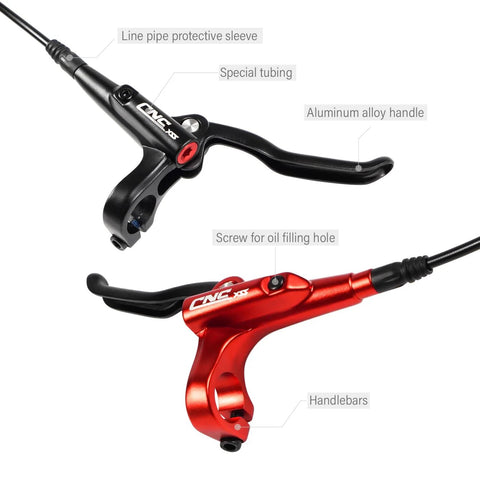 CNC MTB hydraulic brake lever set; two levers black and red with aluminum alloy handles