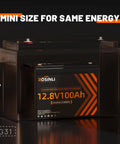 12V 100Ah LiFePO4 Deep Cycle Battery with built-in 100A BMS for RVs, visible inside transparent case, emphasizing mini size.