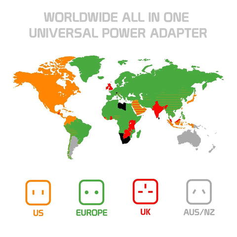 Dual Universal USB Travel Power Adapter With Dual USB Ports For Worldwide Use In 150 Plus Countries Includes US UK EU CN AU NZ Travel Ready For Your Phone Tablet And Other USB Chargers map graphic with outlet icons