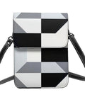 Super Chic Black And White Piano Grid Phone Pouch With Adjustable Crossbody Strap Hella Protective Lightweight Cell Phone Purse, front view.