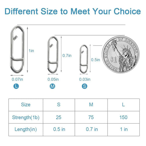 Size chart of Two Hundred Piece Fishing Power Speed Clips Set With Upgraded Stainless Steel Quick Release Swivels Snap Clips