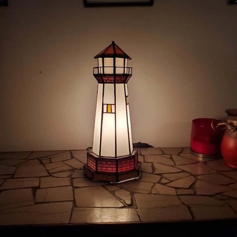 L10626 Lighthouse Tiffany Style Stained Glass Accent Table Lamp Night Light For Home Decoration With Sweet Orange Glow