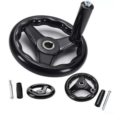 Robust Plastic Three Spoke Hand Wheel With Revolving Handle Milling Machine Tool Shaft Control Durable Grip For Heavy Duty Industrial Jobs Smooth Operation And Reliable Performance. Black three-spoke plastic hand wheel with revolving handle and mounting hardware.