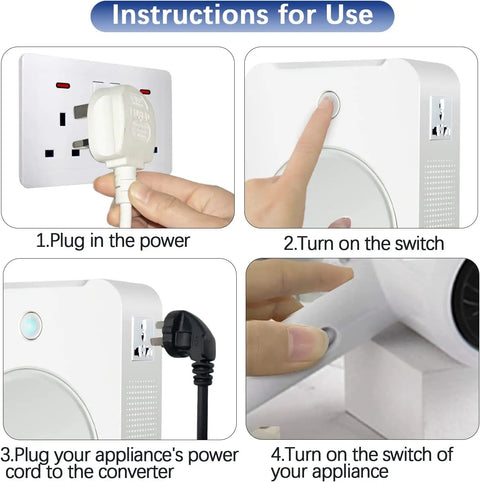 Instructions for use of 2000W 110V To 220V Step Up Transformer Voltage Converter with illustrations and appliance connections