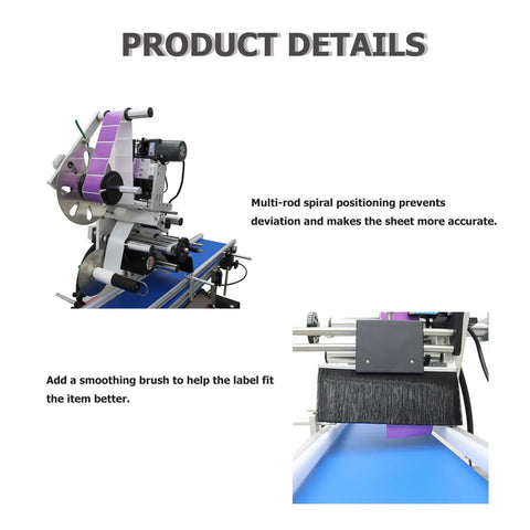 Close-up of Automatic Flat Labeling Machine With Touchscreen Control And Heavy Duty Conveyor Belt Code Printer applying labels accurately.