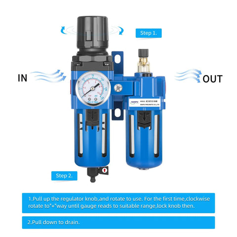 Three Quarters Inch NPT Air Filter Regulator Lubricator Combo with water and oil trap separator, front view, blue poly bowl