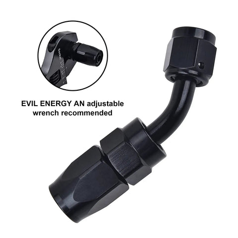 6AN Hose End Fitting 45 Degree Swivel For CPE Braided Hose Black Aluminum 6061 T6 Built Tough With 9/16-18 UNF Thread Compatible With Stainless Steel And Nylon Braided Hoses, 45° angle