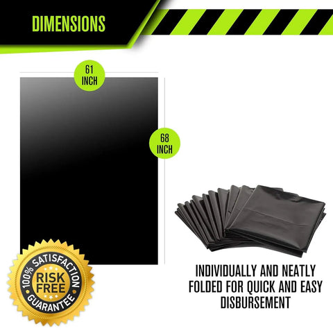 Heavy Duty 95 And 96 Gallon Garbage Bags 50 Pack With Bulletproof 2 Mil Thickness displayed with dimensions 61 inch and 68 inch.