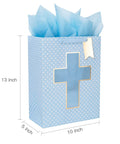Blue Cross Window Gift Bag With Ribbon Handles, Totally Perfect For Baby Boy Baptisms, Christenings, And First Communions, Comes With Tissue Paper, 10 By 5 By 13 Inches, 1 Bag