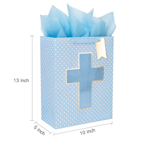 Blue Cross Window Gift Bag With Ribbon Handles, Totally Perfect For Baby Boy Baptisms, Christenings, And First Communions, Comes With Tissue Paper, 10 By 5 By 13 Inches, 1 Bag