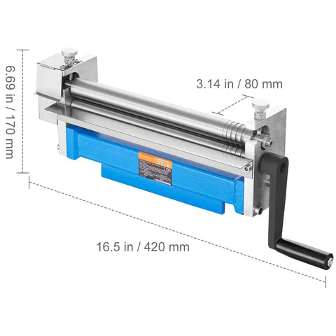 Slip Roll Machine With 12.6 Inch Forming Width For 20 Gauge Metal, showing dimensions and handle, used for rolling low carbon steel.