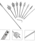 Front view of DIYEAH 10pc flat-spade wood drill bit set with hex key for smooth panel drilling