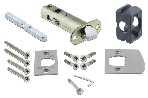Components for Rope Rosette Privacy Door Knob Set With White Porcelain Knob Satin Nickel Finish Backset Two And Three Eighths.