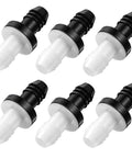 Six ABS plug-in inline one-way check valves with white bodies and black caps, 3/8 in (10 mm).