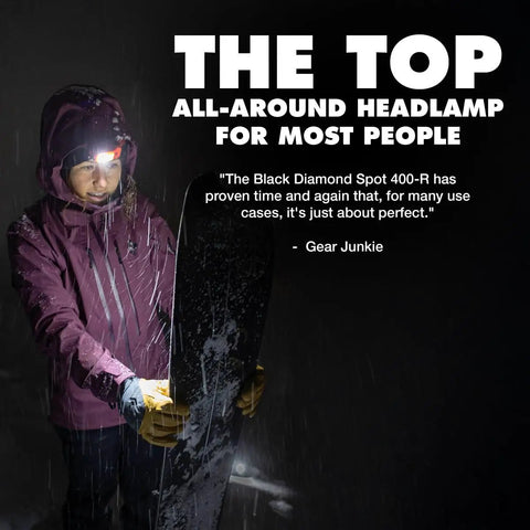 Person using Rechargeable Spot 400-R Headlamp in snow, showcasing dimmable bright beam for hiking and camping, graphite finish