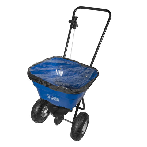 Estate Broadcast Spreader With Rain Cover Combo Pack For Fertilizer And Ice Melt, 65 Lb Capacity, Easy Roll With Two Wide Pneumatic Tires