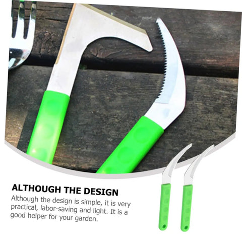 Stainless Steel Weeding Sickle Set with ergonomic green handle on wooden surface, showing durable stainless steel blades.