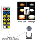 Remote control and features for 2 Pack Battery Powered LED Puck Lights With Remote For Lamps And E26 Screw In Fixtures.