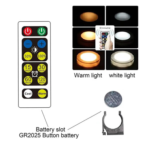 Remote control and features for 2 Pack Battery Powered LED Puck Lights With Remote For Lamps And E26 Screw In Fixtures.
