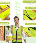 Fresh High Visibility Safety Vest With Custom Logo Design And Front Zipper Featuring Glow In The Dark Reflective Tape For Construction Job Sites And Road Crews, showing reflective strips and pockets.